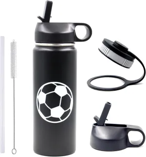 18 oz Soccer Water Bottle, Metal Thermos Sports Flask with 2 Lids, BPA-Free 18/8 Stainless Steel Leak Proof Travel Tumbler Double Wall Vacuum Insulated Water Bottles, Soccer Stuff Gifts for Boys Girls