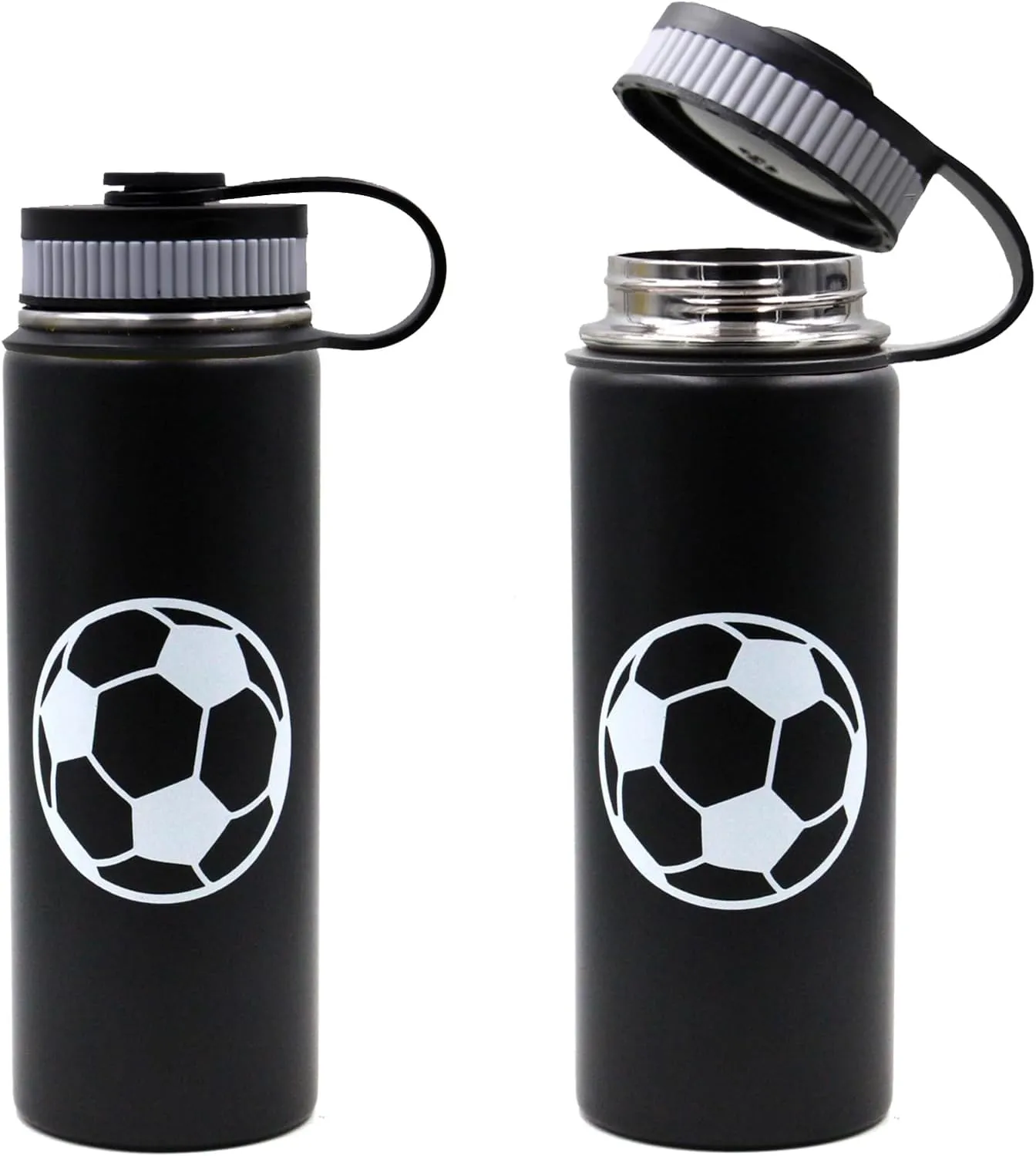 18 oz Soccer Water Bottle, Metal Thermos Sports Flask with 2 Lids, BPA-Free 18/8 Stainless Steel Leak Proof Travel Tumbler Double Wall Vacuum Insulated Water Bottles, Soccer Stuff Gifts for Boys Girls