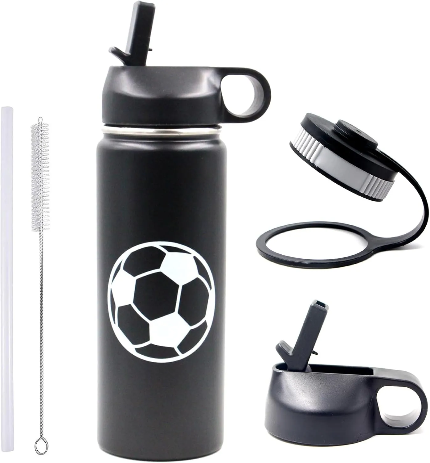 18 oz Soccer Water Bottle, Metal Thermos Sports Flask with 2 Lids, BPA-Free 18/8 Stainless Steel Leak Proof Travel Tumbler Double Wall Vacuum Insulated Water Bottles, Soccer Stuff Gifts for Boys Girls