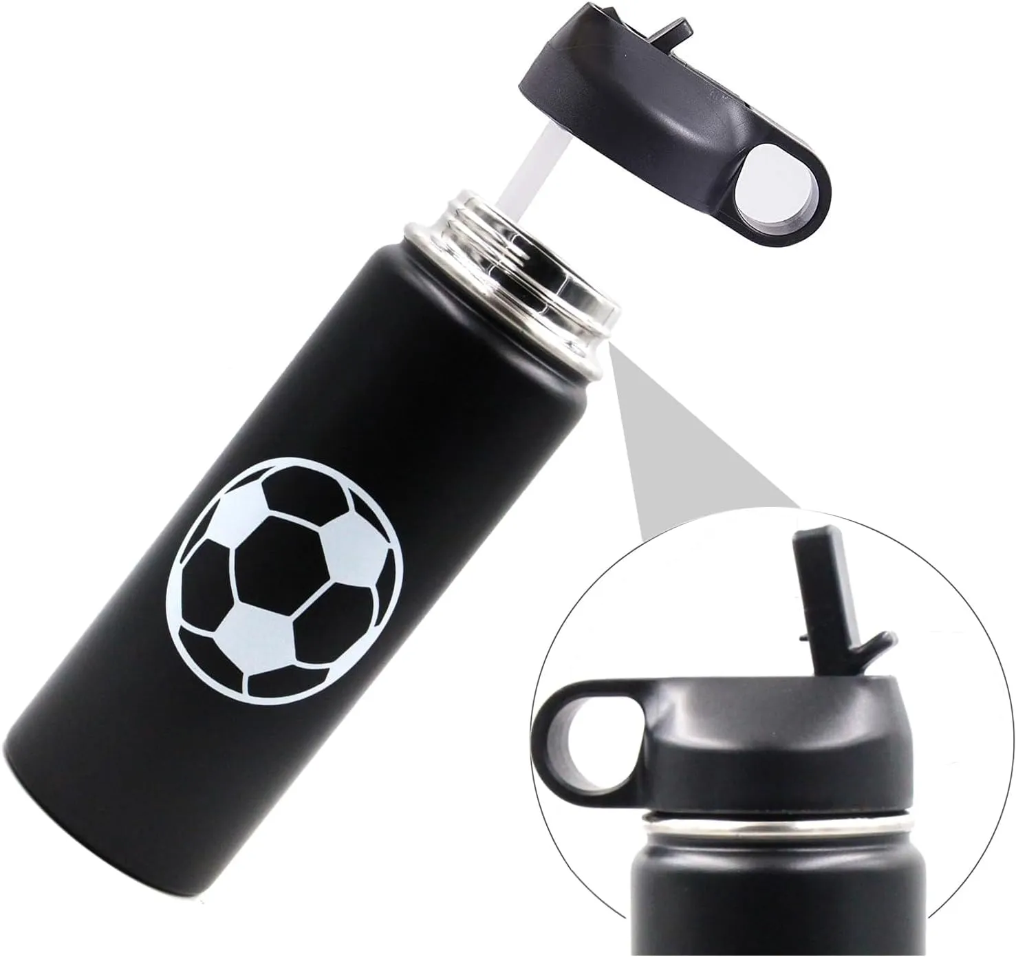 18 oz Soccer Water Bottle, Metal Thermos Sports Flask with 2 Lids, BPA-Free 18/8 Stainless Steel Leak Proof Travel Tumbler Double Wall Vacuum Insulated Water Bottles, Soccer Stuff Gifts for Boys Girls