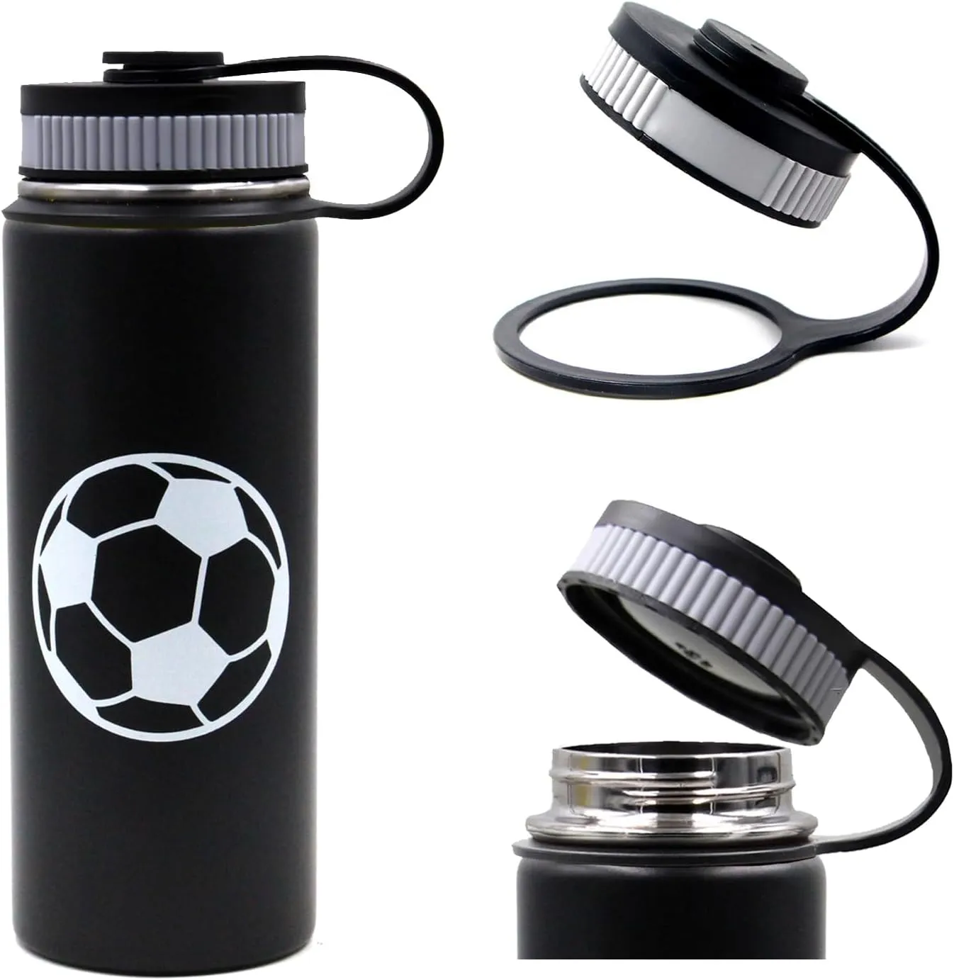 18 oz Soccer Water Bottle, Metal Thermos Sports Flask with 2 Lids, BPA-Free 18/8 Stainless Steel Leak Proof Travel Tumbler Double Wall Vacuum Insulated Water Bottles, Soccer Stuff Gifts for Boys Girls