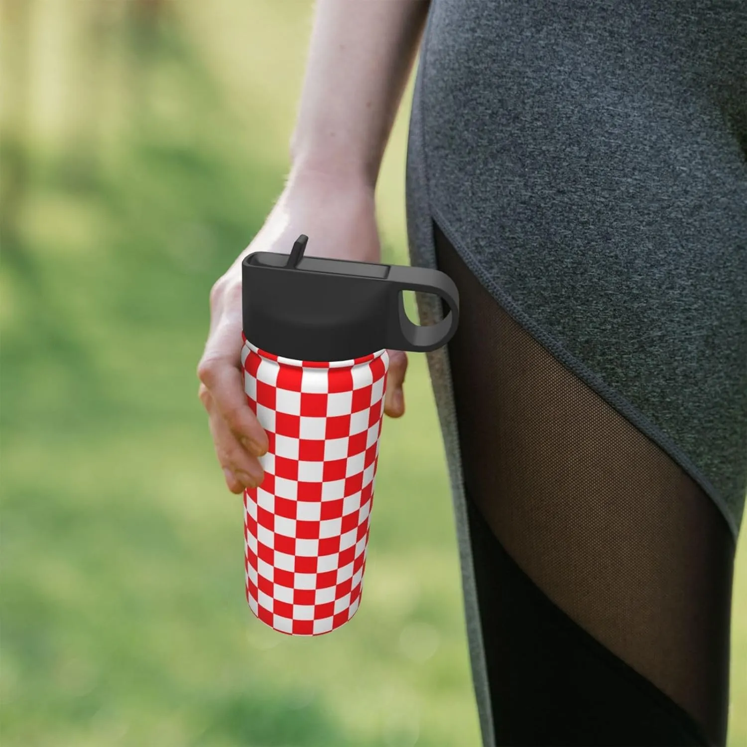 18oz Checkered Pattern Insulated Water Bottles With Straw, Red and White Steel Double Walled Vacuum Sports Water Bottle for Sports