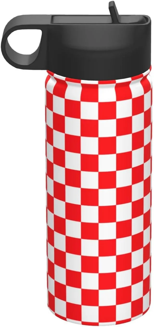 18oz Checkered Pattern Insulated Water Bottles With Straw, Red and White Steel Double Walled Vacuum Sports Water Bottle for Sports