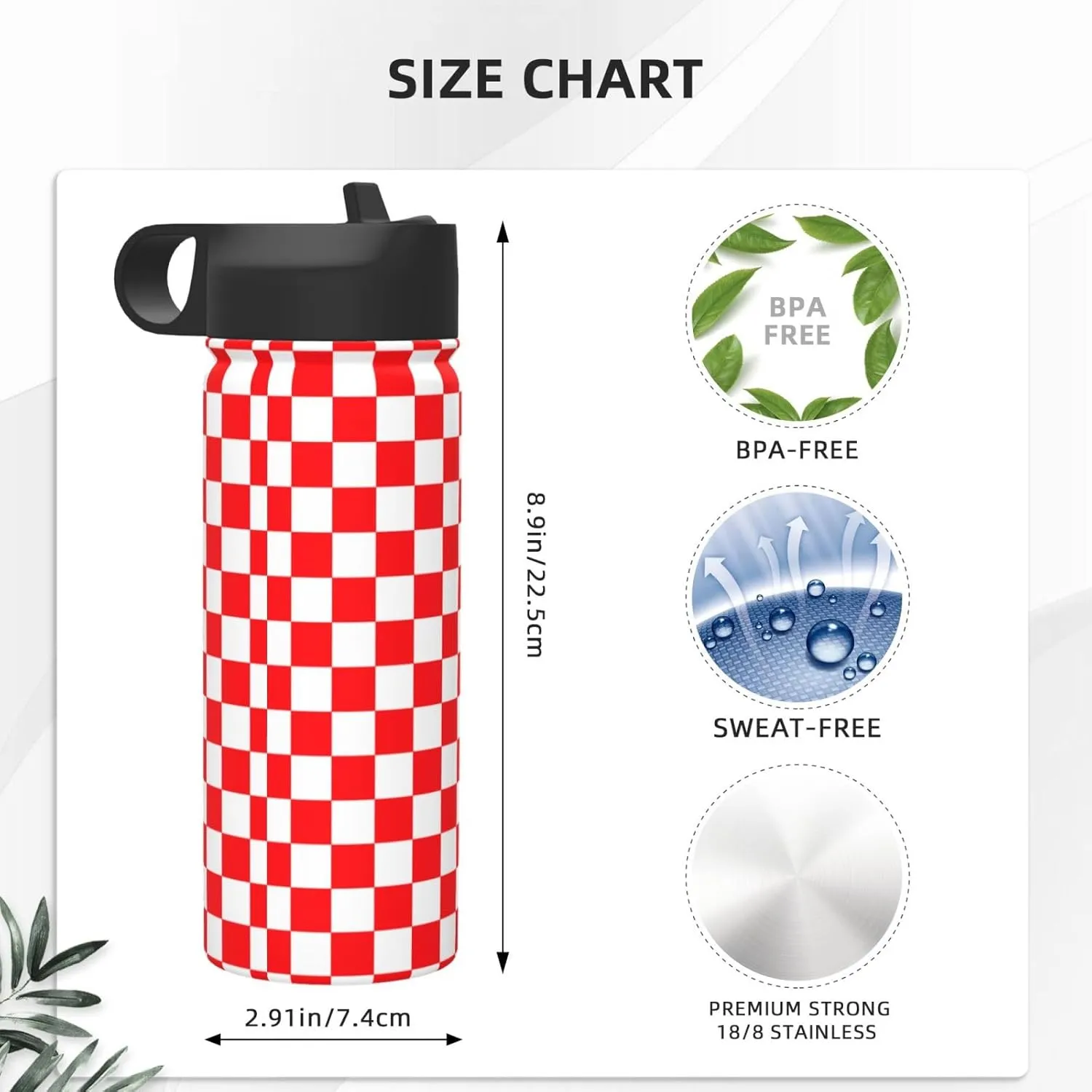 18oz Checkered Pattern Insulated Water Bottles With Straw, Red and White Steel Double Walled Vacuum Sports Water Bottle for Sports