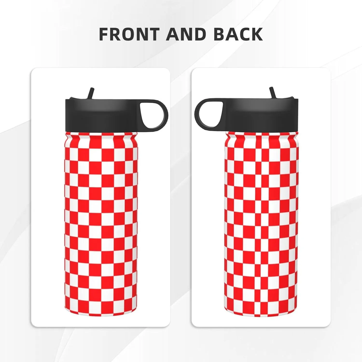 18oz Checkered Pattern Insulated Water Bottles With Straw, Red and White Steel Double Walled Vacuum Sports Water Bottle for Sports