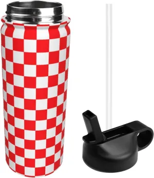18oz Checkered Pattern Insulated Water Bottles With Straw, Red and White Steel Double Walled Vacuum Sports Water Bottle for Sports