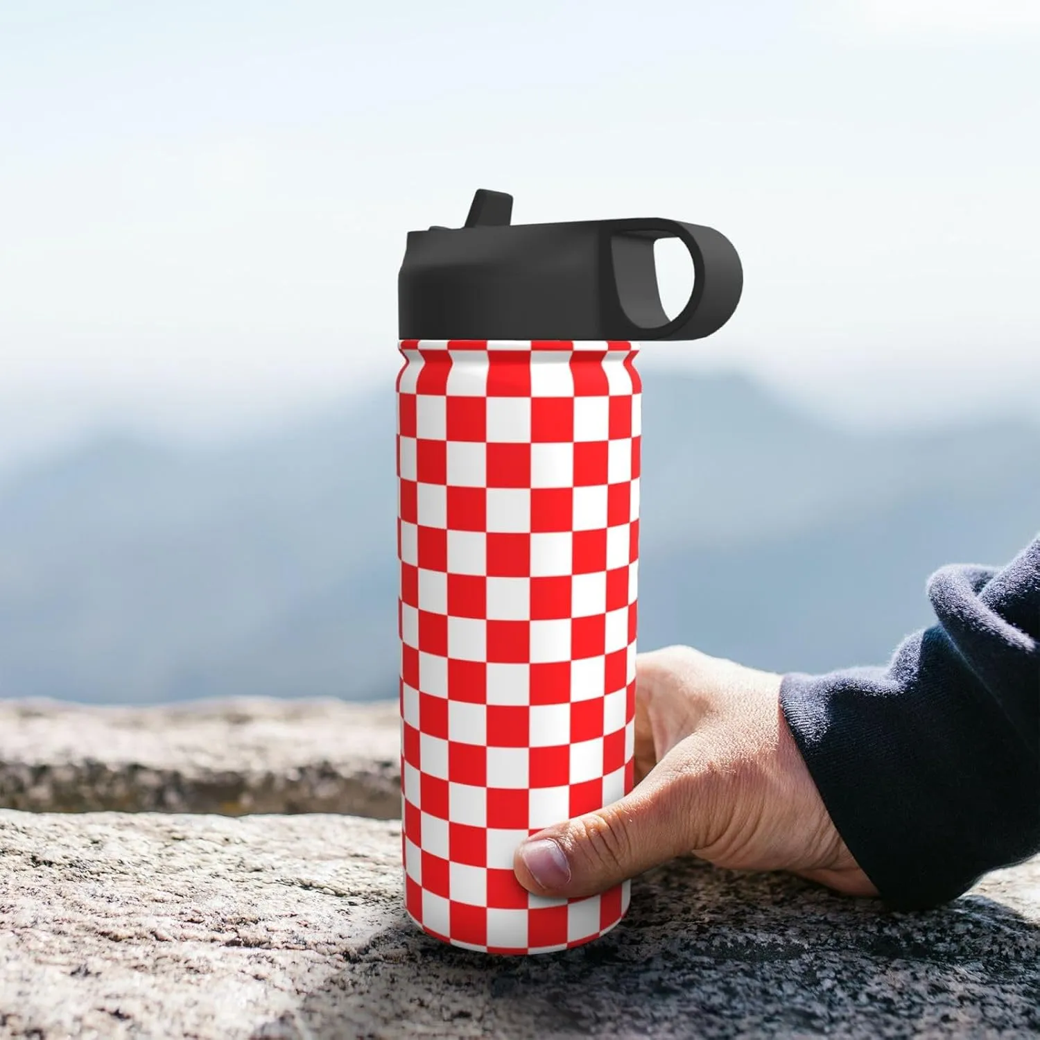 18oz Checkered Pattern Insulated Water Bottles With Straw, Red and White Steel Double Walled Vacuum Sports Water Bottle for Sports