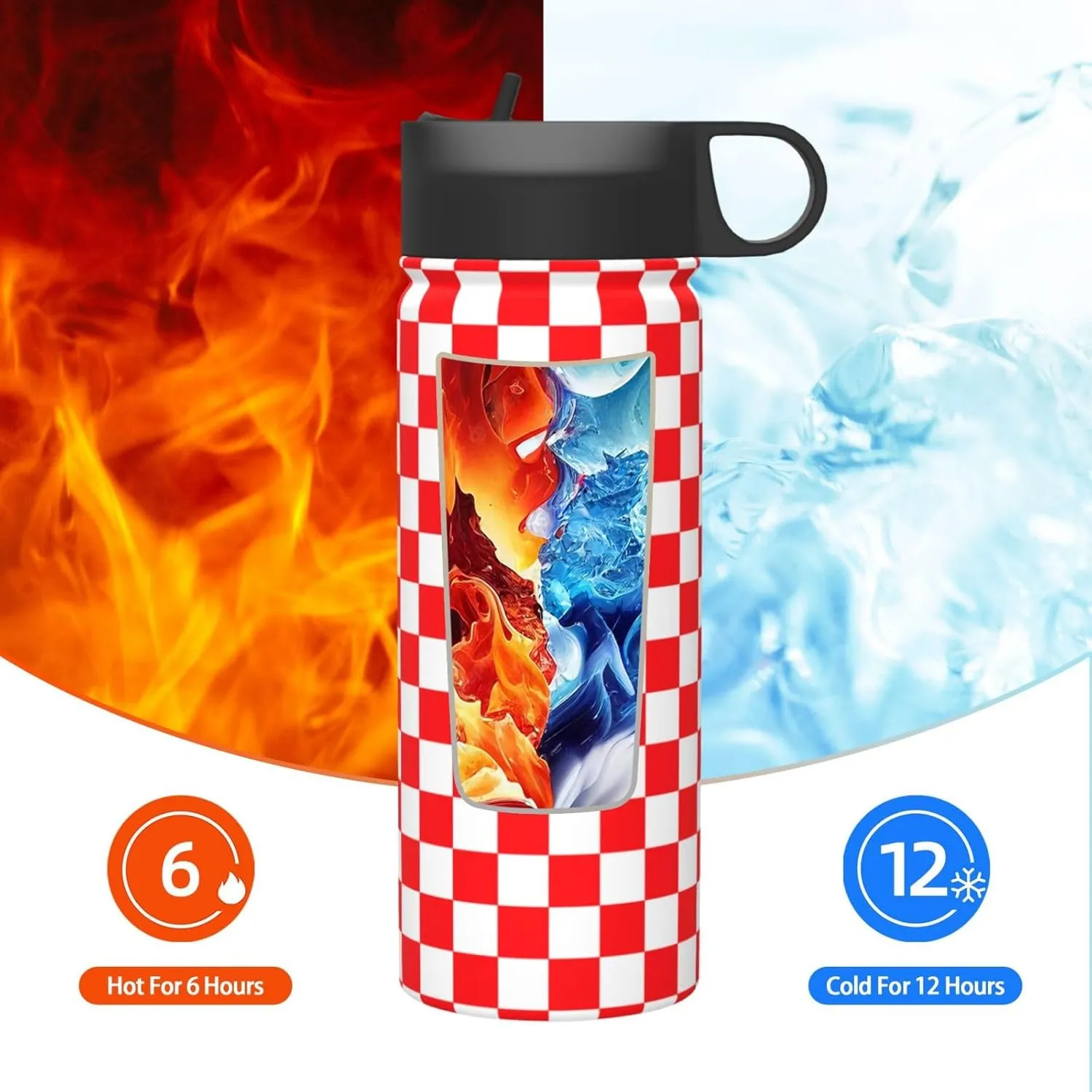 18oz Checkered Pattern Insulated Water Bottles With Straw, Red and White Steel Double Walled Vacuum Sports Water Bottle for Sports