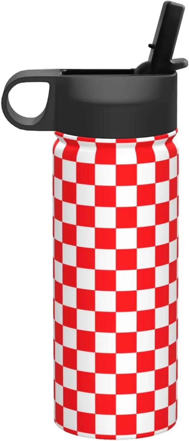 18oz Checkered Pattern Insulated Water Bottles With Straw, Red and White Steel Double Walled Vacuum Sports Water Bottle for Sports