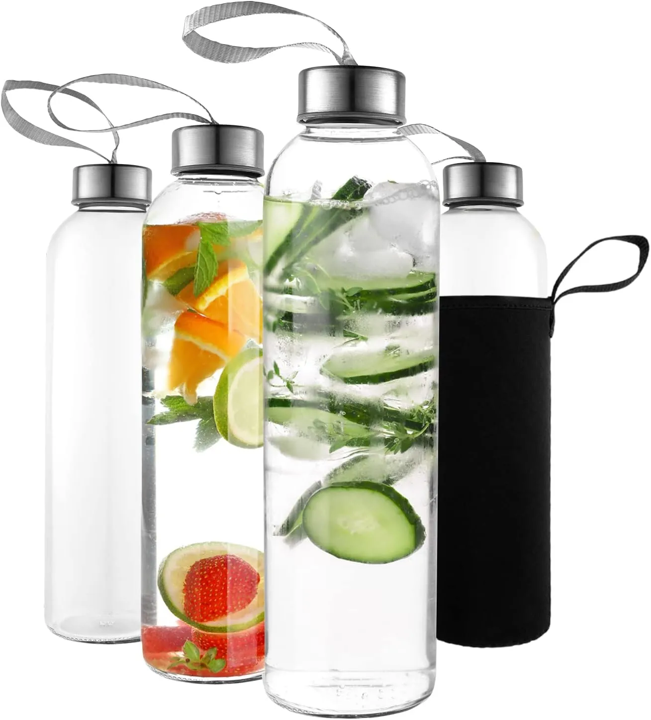 18oz Glass Water Bottles – Pack of 4 Nylon Protective Sleeves, Airtight Screw Top Lids, Portable Carrying Loops - Lead, PVC and BPA Free - Water, Milk, Smoothie, Juice Beverage Glasses (4)