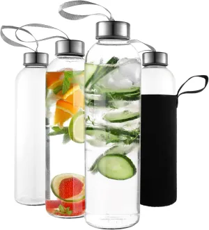 18oz Glass Water Bottles – Pack of 4 Nylon Protective Sleeves, Airtight Screw Top Lids, Portable Carrying Loops - Lead, PVC and BPA Free - Water, Milk, Smoothie, Juice Beverage Glasses (4)