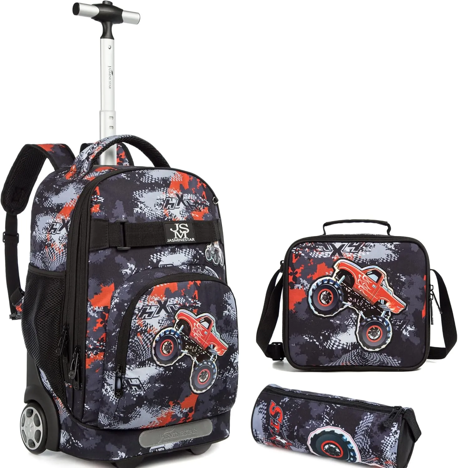 19 inch Rolling Backpack Set Wheeled School Book bag with Insulated Lunch Bag and Pencil Case (Moto)