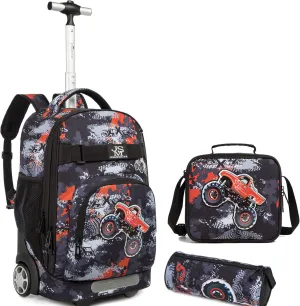 19 inch Rolling Backpack Set Wheeled School Book bag with Insulated Lunch Bag and Pencil Case (Moto)