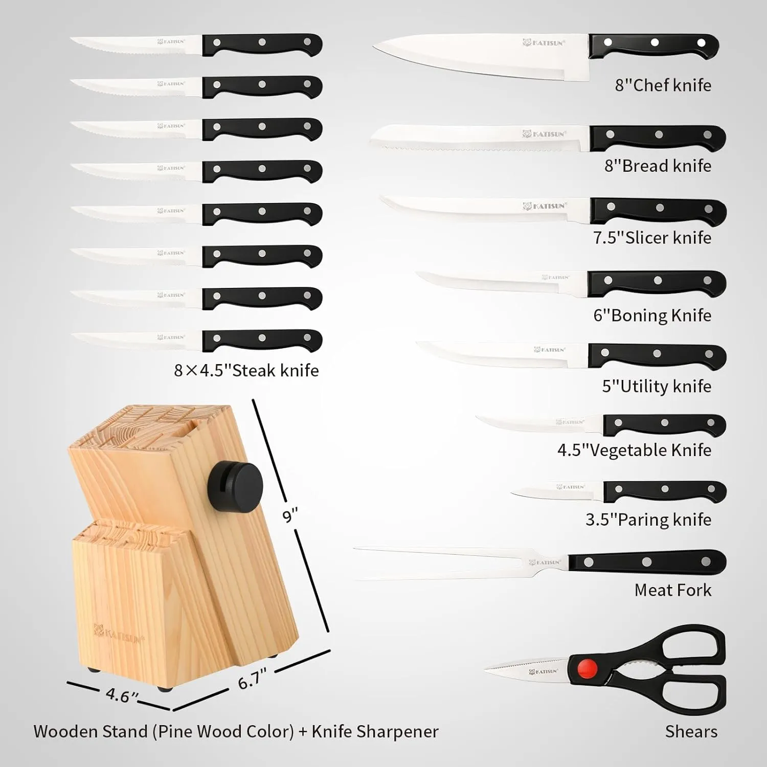 19-Piece Knife Set, German Steel, Durable and Dishwasher Safe, Knife Sets for Kitchen with Block Sets with Built-in Sharpener for Chopping, Slicing, Dicing&Cutting
