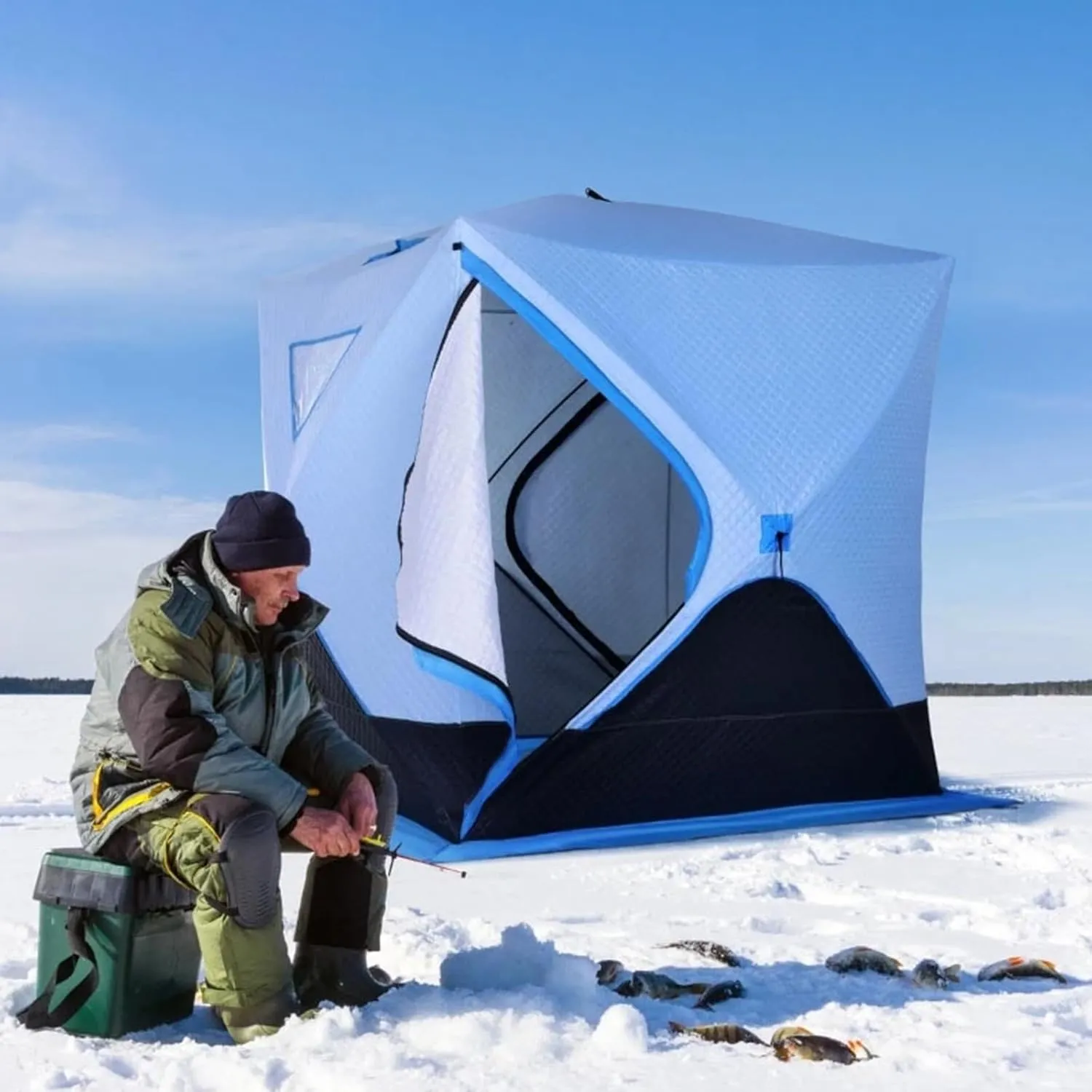 2-4 Person Ice Fishing Shelter Portable Insulated Ice Cube Tent for Ice Fishing Winter Fishing, Pop-up Ice Shanty with 8 Anchors (Blue 205 * 180 * 180cm)