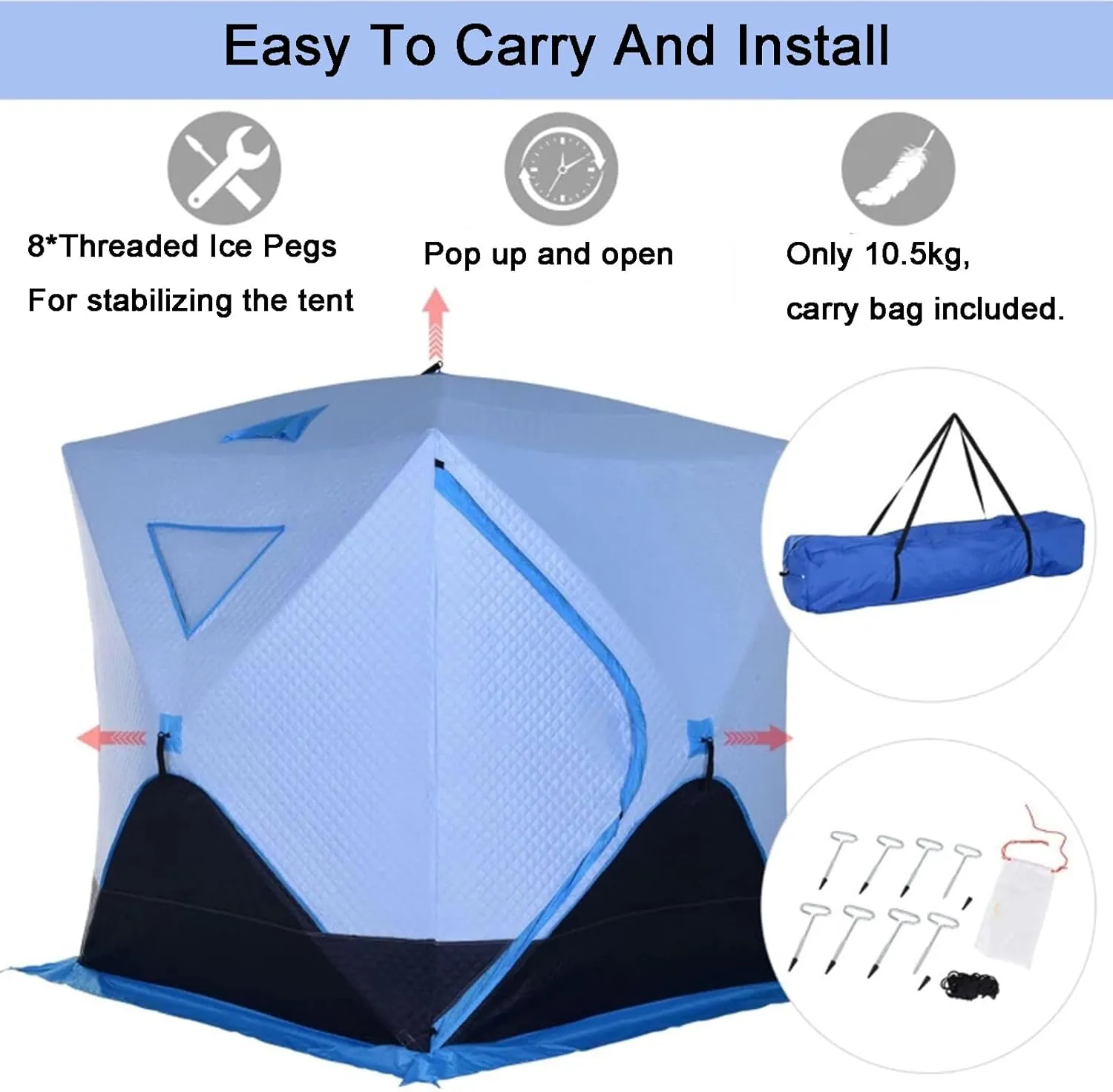 2-4 Person Ice Fishing Shelter Portable Insulated Ice Cube Tent for Ice Fishing Winter Fishing, Pop-up Ice Shanty with 8 Anchors (Blue 205 * 180 * 180cm)