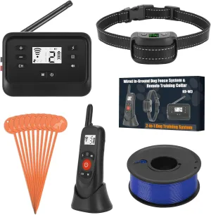 2-in-1 Electric Dog Fence with Remote Training, Underground/Aboveground Dog Fence, 650Ft Wired Pet Containment System, Tone/Vibration/Shock Correction, 1 IP66 Waterproof Collar