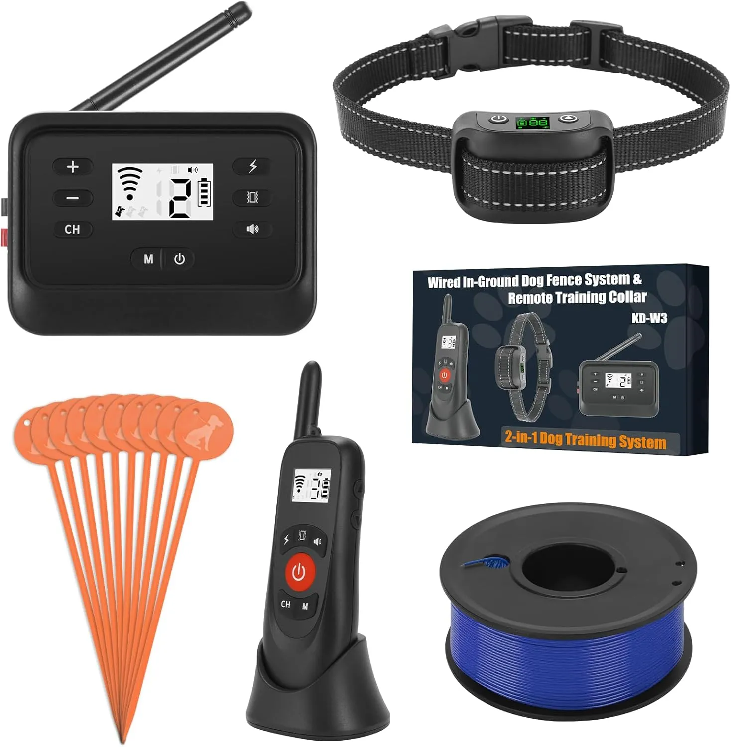 2-in-1 Electric Dog Fence with Remote Training, Underground/Aboveground Dog Fence, 650Ft Wired Pet Containment System, Tone/Vibration/Shock Correction, 1 IP66 Waterproof Collar