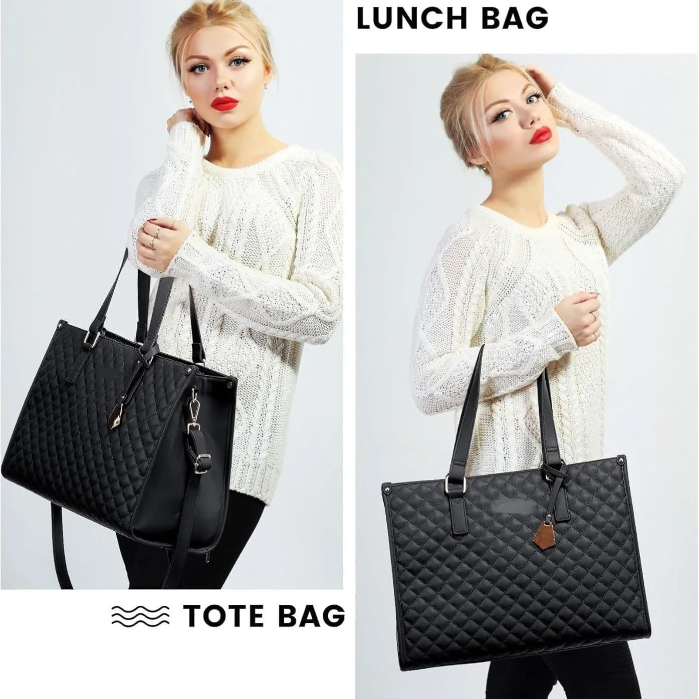 2 in 1 Tote Bag Lunch Bag Combo, 15.6 Inch Tote Bag with Lunch Compartment, Laptop Bag Combo Women