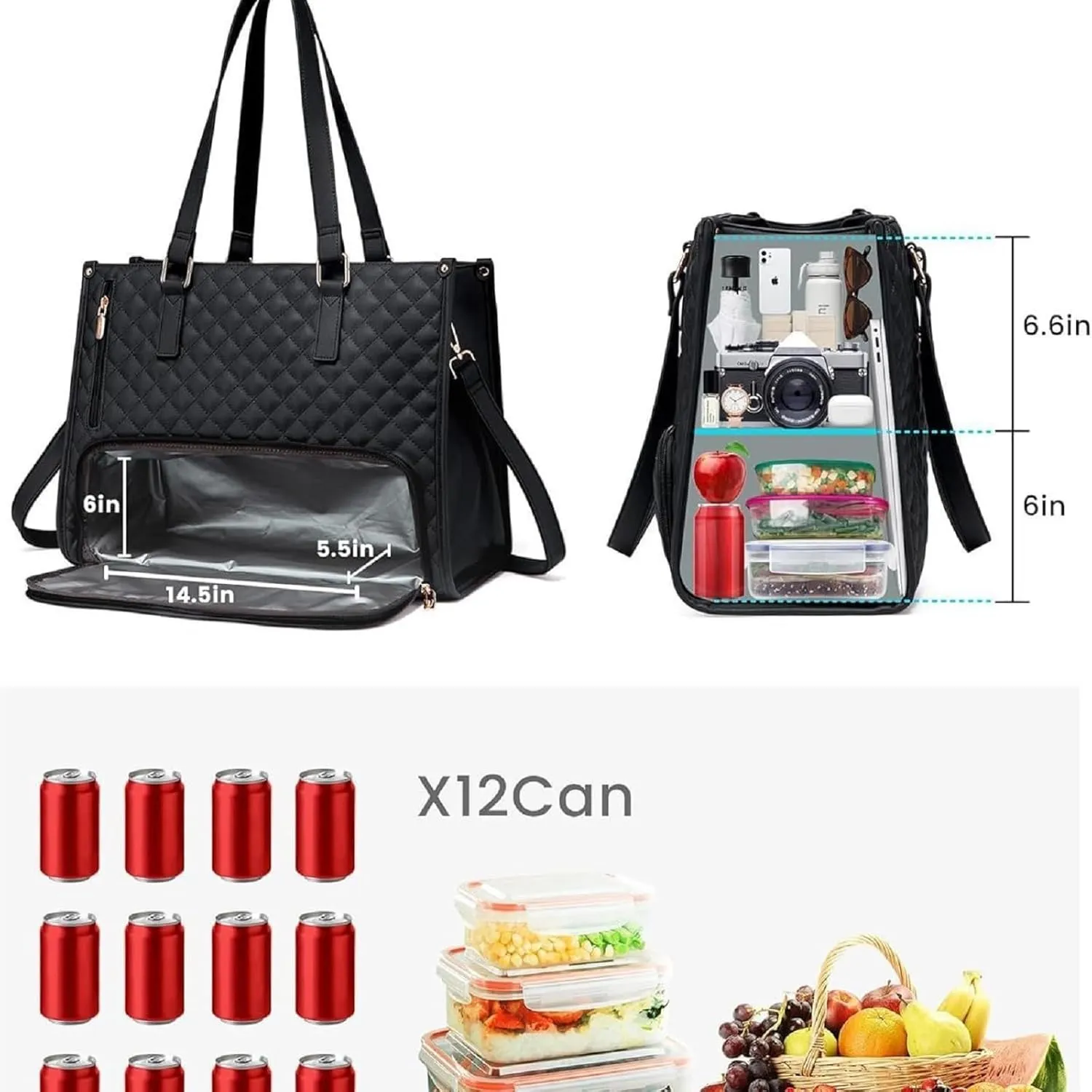 2 in 1 Tote Bag Lunch Bag Combo, 15.6 Inch Tote Bag with Lunch Compartment, Laptop Bag Combo Women