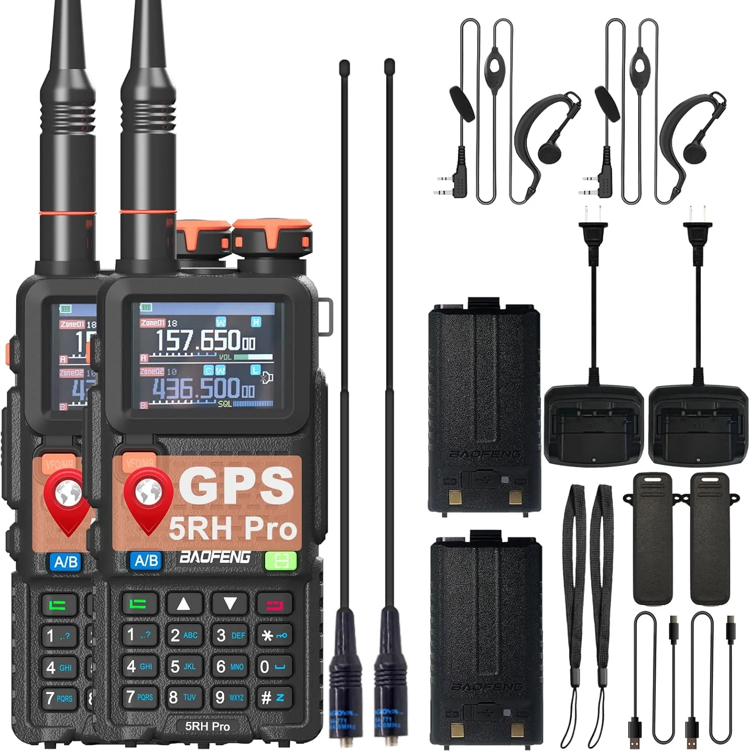 2 Pack BAOFENG 5RH Pro GPS Ham Radio APRS Long Range 10W High Power USB-C Charging Radio 640 Channels One Key Copy Frequency NOAA FM Radio with 771 Antenna and Headset