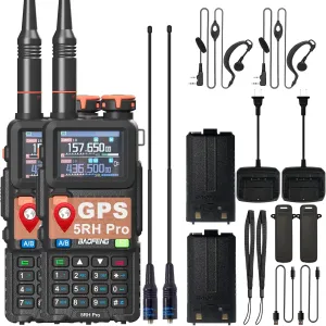 2 Pack BAOFENG 5RH Pro GPS Ham Radio APRS Long Range 10W High Power USB-C Charging Radio 640 Channels One Key Copy Frequency NOAA FM Radio with 771 Antenna and Headset