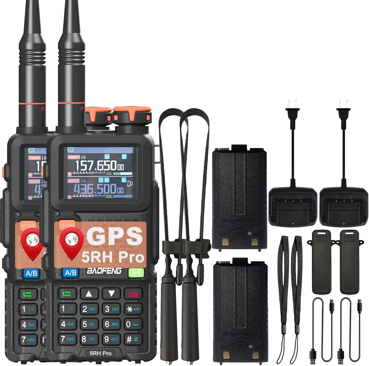 2 Pack BAOFENG 5RH Pro GPS Ham Radio10W USB-C Charging APRS Handheld Radio One Key Match Frequency 640 Channels NOAA Radio with 18.89‘’ Tactical Antenna