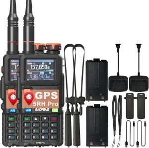 2 Pack BAOFENG 5RH Pro GPS Ham Radio10W USB-C Charging APRS Handheld Radio One Key Match Frequency 640 Channels NOAA Radio with 18.89‘’ Tactical Antenna