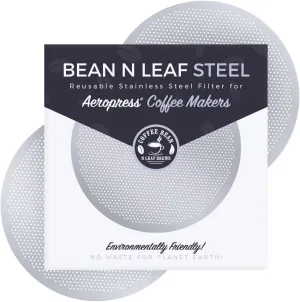2-Pack Premium Filter for AeroPress Coffee Makers. Fits All AeroPress Models. Reusable, Durable, and Washable Stainless Steel Metal. STEEL by Coffee Bean n Leaf Brews
