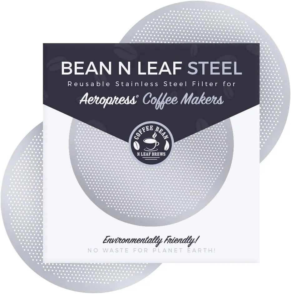 2-Pack Premium Filter for AeroPress Coffee Makers. Fits All AeroPress Models. Reusable, Durable, and Washable Stainless Steel Metal. STEEL by Coffee Bean n Leaf Brews