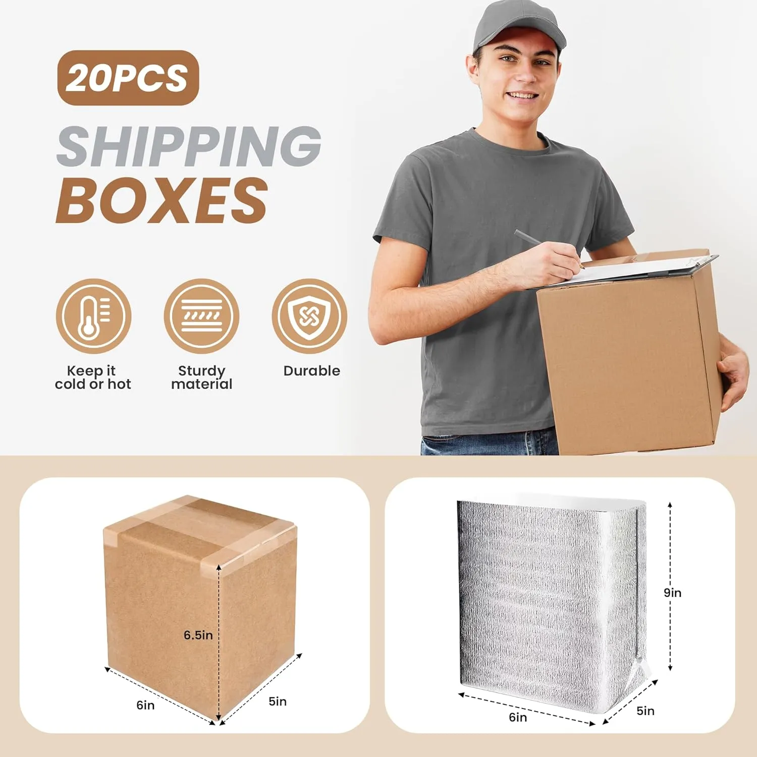 20 Pack Insulated Shipping Boxes with Aluminum Foil Liner,Thermal Insulation Cold Pack Shipping Boxes for Frozen, Reusable Styrofoam Cooler Box, Small Mailing Box, 6’’X5’’X9’’, New