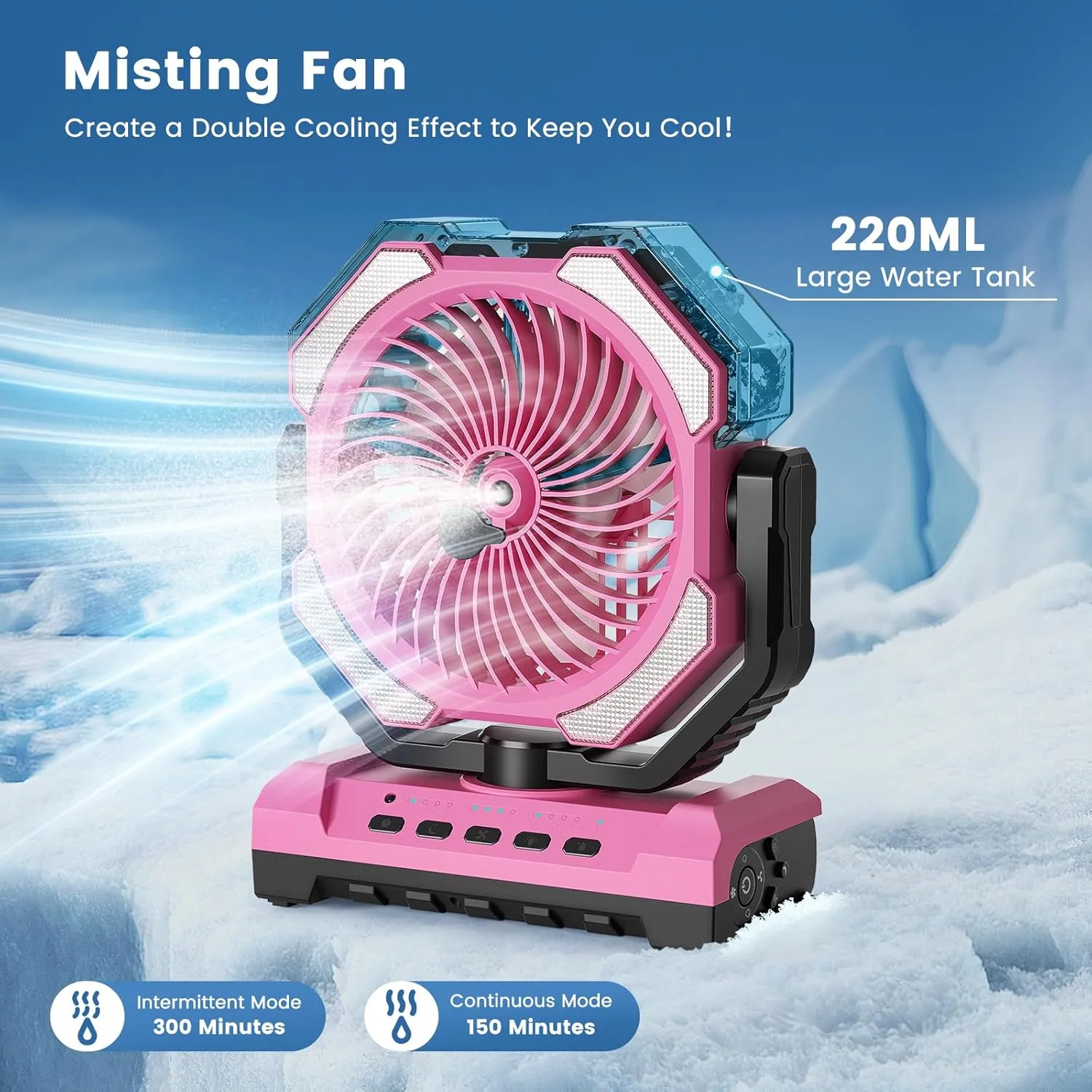 20000mAh Portable Misting Fan, USB Rechargeable Camping Fan with LED Light, Personal Battery Operated for Outdoor, Tents, Beach, Travel - 250mL Water Tank & Hook Included, Pink.