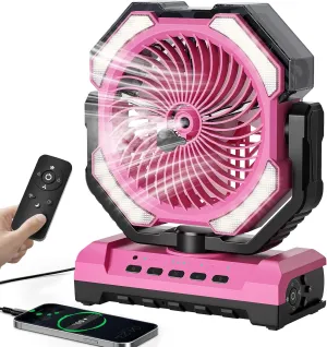 20000mAh Portable Misting Fan, USB Rechargeable Camping Fan with LED Light, Personal Battery Operated for Outdoor, Tents, Beach, Travel - 250mL Water Tank & Hook Included, Pink.