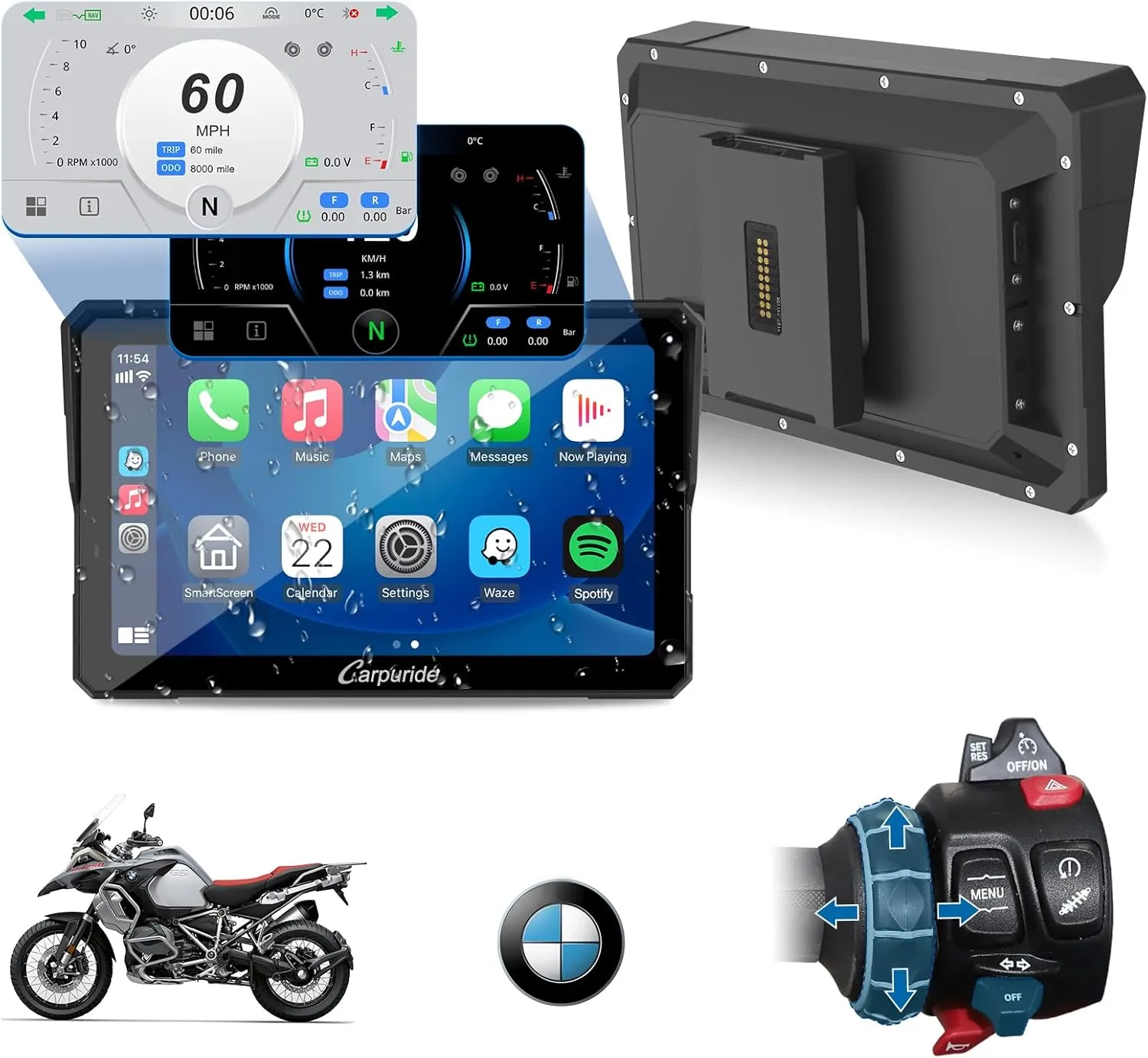 2025 CARPURIDE W702BS PRO for BMW Motorcycle CarPlay & Android Auto Dual Bluetooth, 7" Waterproof GPS Navigation Screen, Data Reading, Native Wonder, TPMS, Light Sensor, Music Sharing, Intercom,16-Pin