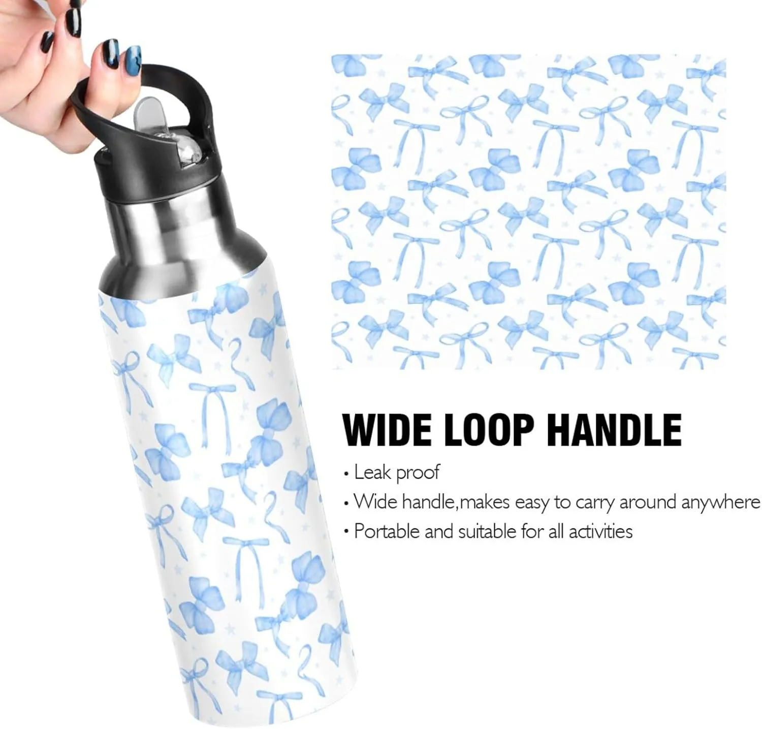 20oz Blue Ribbon Bow Water Bottle, Double Wall Vacuum Stainless Steel Water Bottle Leak-Proof Sports Bottle for Camping Workouts Gym and Outdoor
