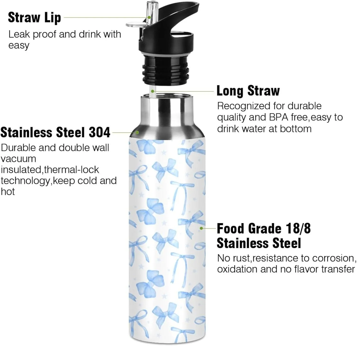 20oz Blue Ribbon Bow Water Bottle, Double Wall Vacuum Stainless Steel Water Bottle Leak-Proof Sports Bottle for Camping Workouts Gym and Outdoor