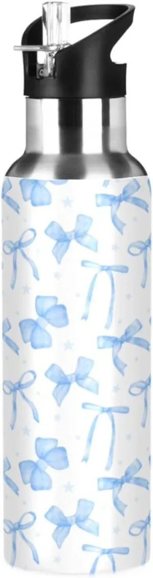 20oz Blue Ribbon Bow Water Bottle, Double Wall Vacuum Stainless Steel Water Bottle Leak-Proof Sports Bottle for Camping Workouts Gym and Outdoor