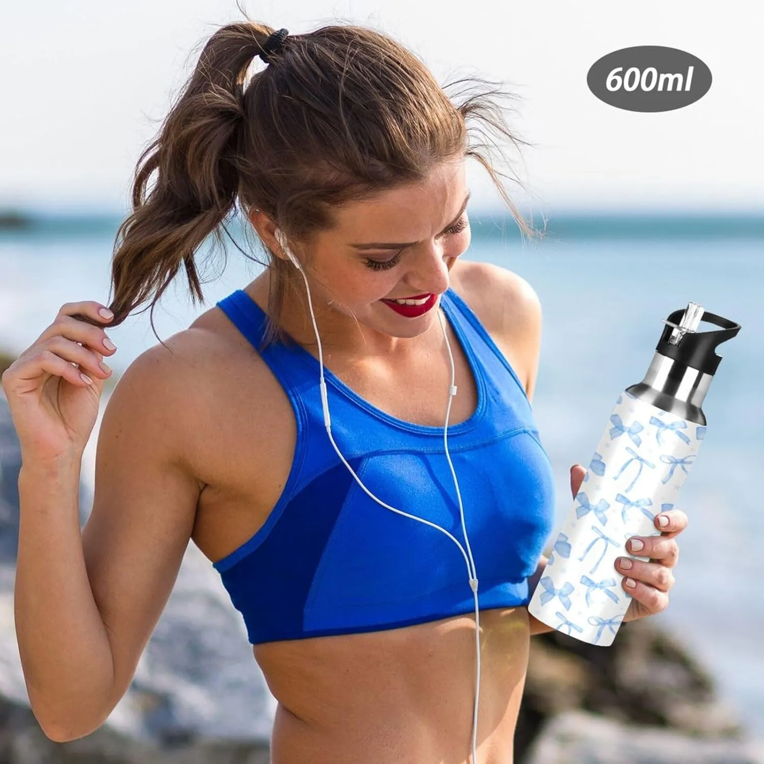 20oz Blue Ribbon Bow Water Bottle, Double Wall Vacuum Stainless Steel Water Bottle Leak-Proof Sports Bottle for Camping Workouts Gym and Outdoor