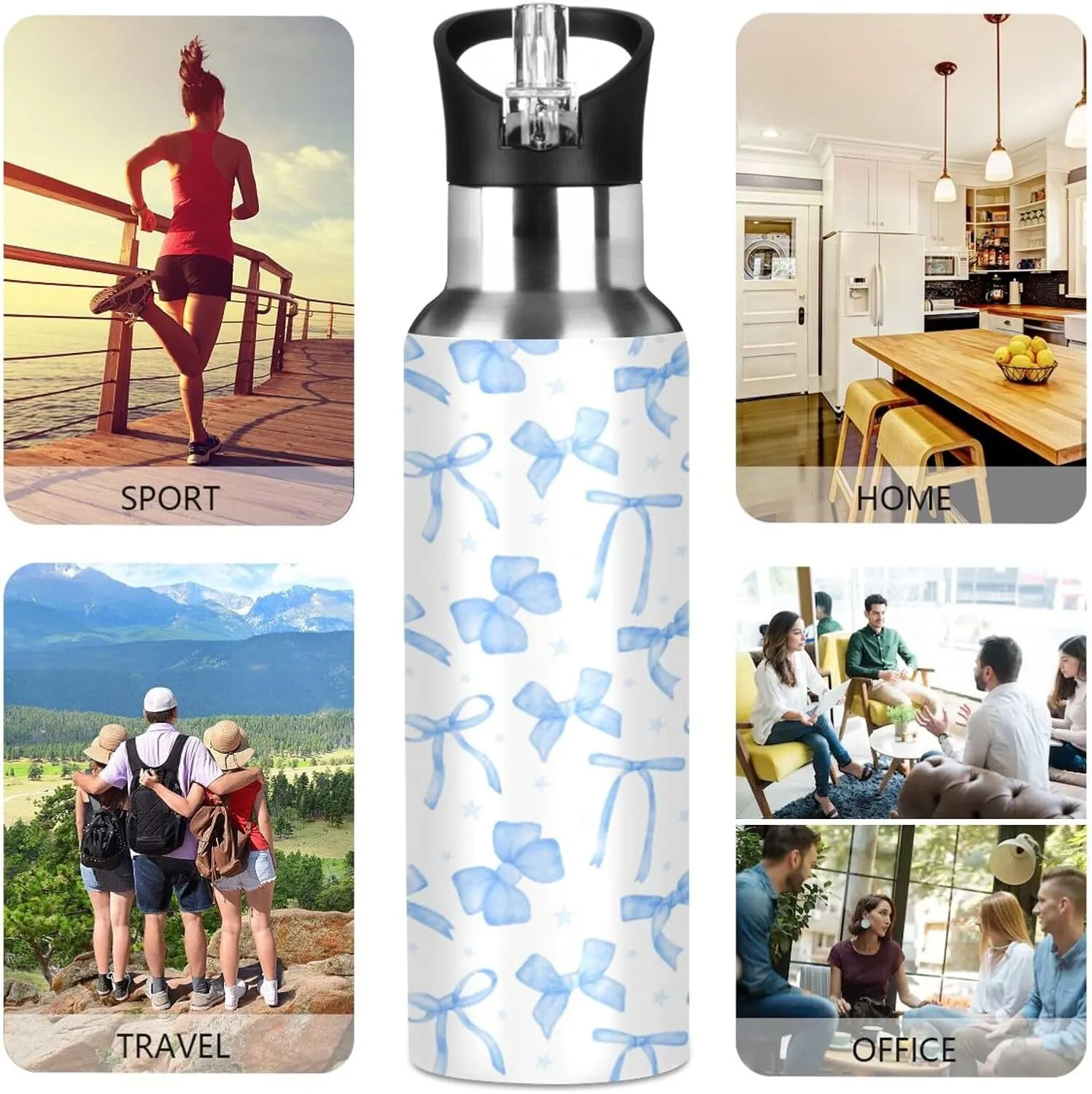 20oz Blue Ribbon Bow Water Bottle, Double Wall Vacuum Stainless Steel Water Bottle Leak-Proof Sports Bottle for Camping Workouts Gym and Outdoor