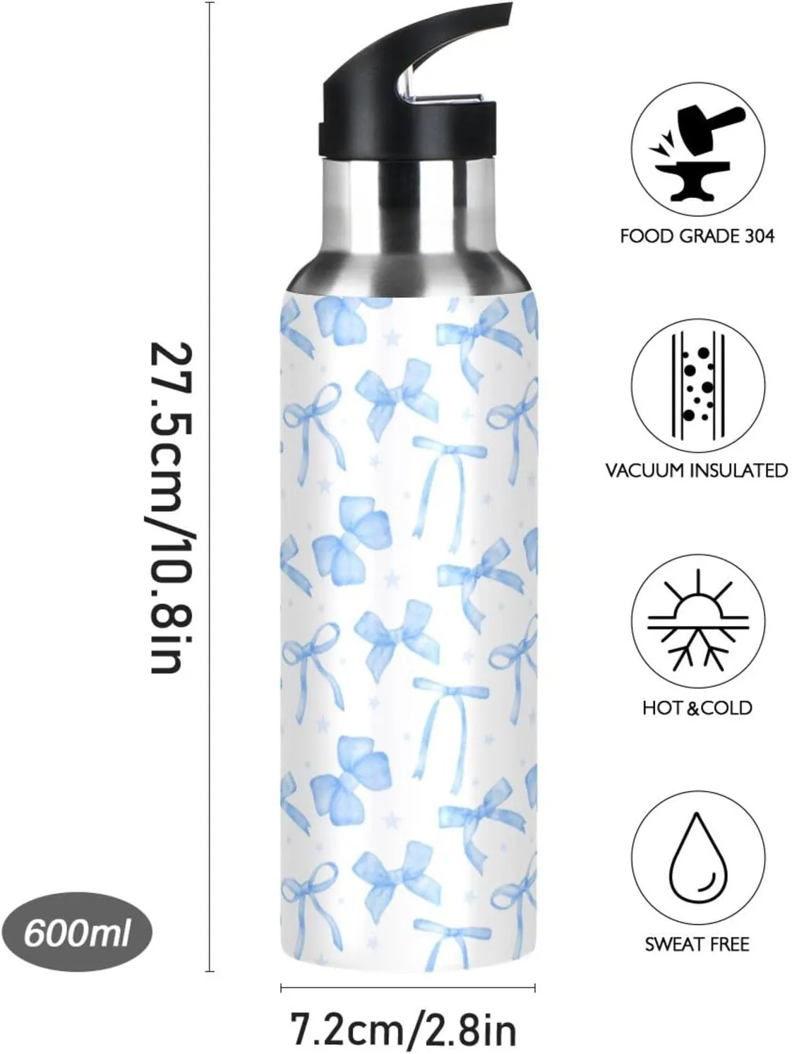 20oz Blue Ribbon Bow Water Bottle, Double Wall Vacuum Stainless Steel Water Bottle Leak-Proof Sports Bottle for Camping Workouts Gym and Outdoor