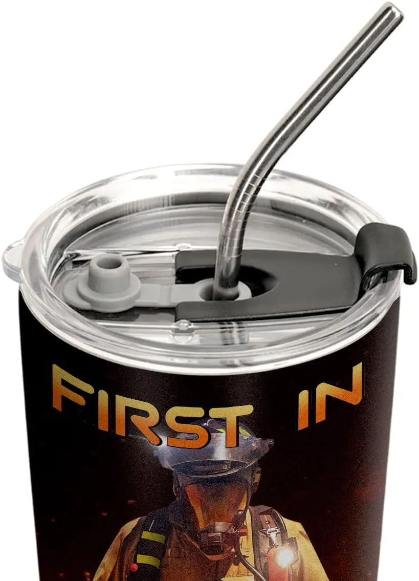 20oz Firefighter Tumbler, First in Last Out, Firefighter Gifts, Coffee Thermos for Men, Stainless Steel Double Wall Vacuum Insulated Coffee Mug, Travel Cup with Lid