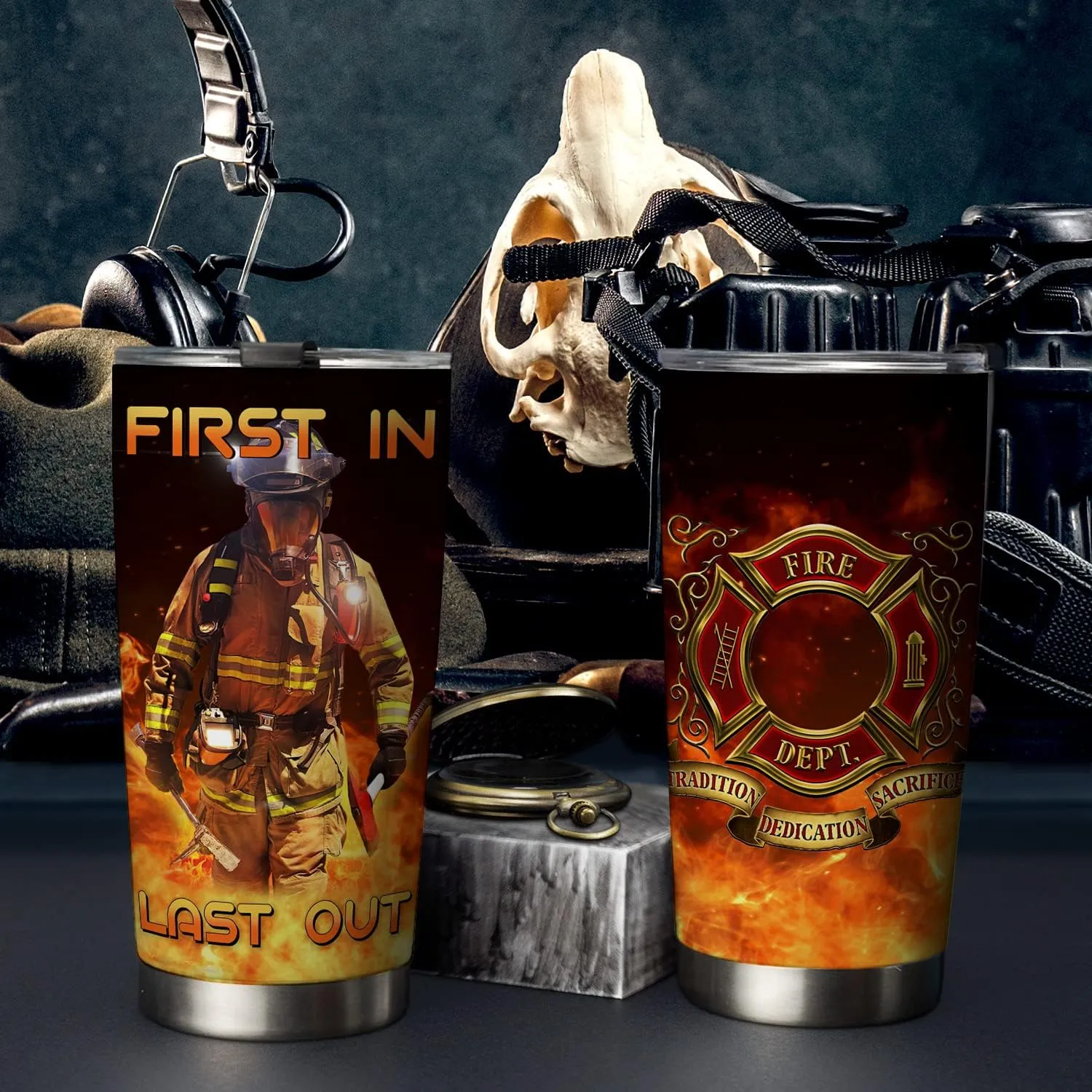 20oz Firefighter Tumbler, First in Last Out, Firefighter Gifts, Coffee Thermos for Men, Stainless Steel Double Wall Vacuum Insulated Coffee Mug, Travel Cup with Lid
