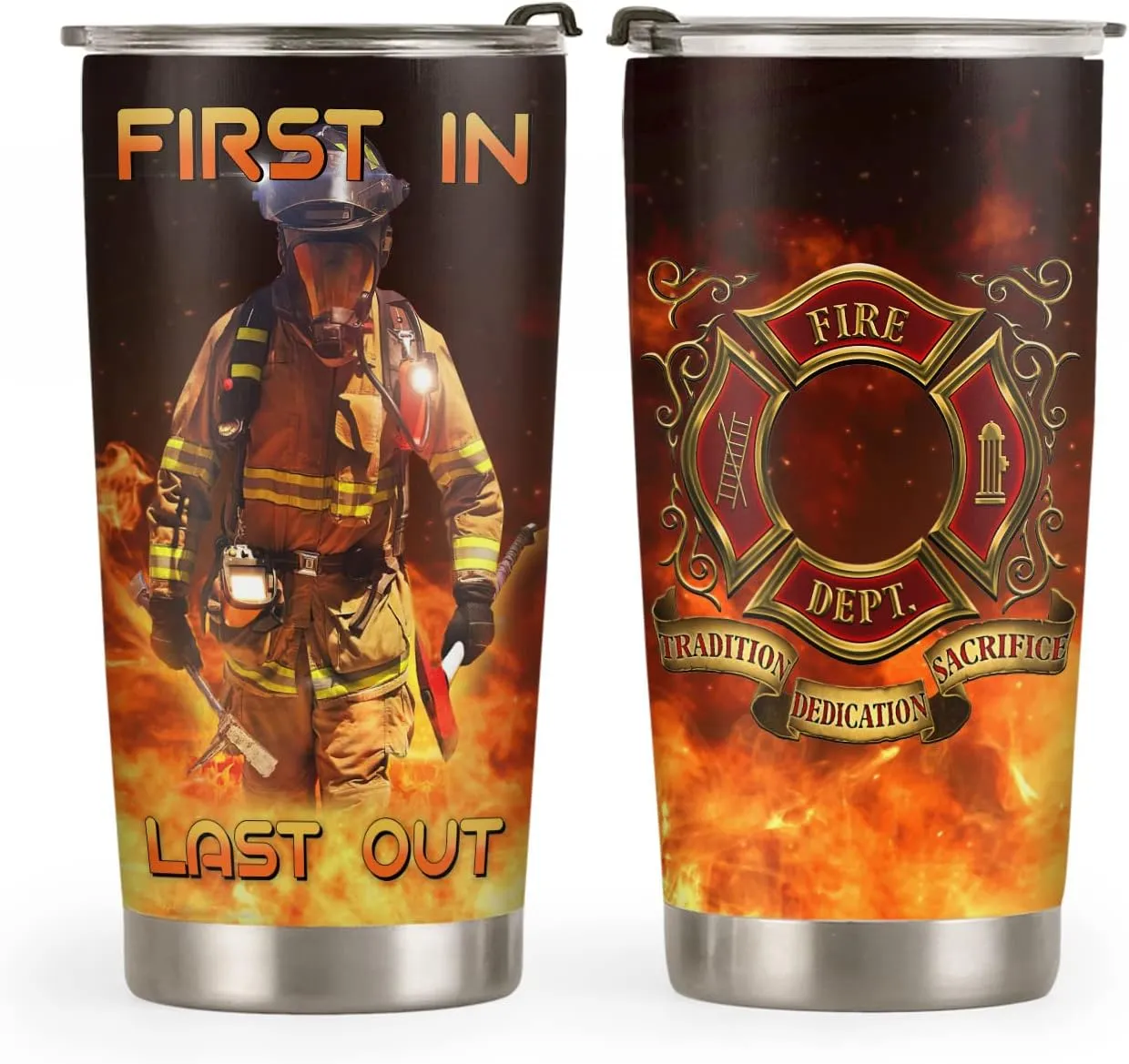 20oz Firefighter Tumbler, First in Last Out, Firefighter Gifts, Coffee Thermos for Men, Stainless Steel Double Wall Vacuum Insulated Coffee Mug, Travel Cup with Lid