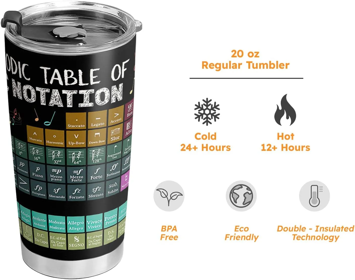 20oz Periodic Table of Music Notation Tumbler, Musician, Music Teacher Gifts, Coffee Thermos for Women, Stainless Steel Double Wall Vacuum Insulated Coffee Mug, Travel Cup with Lid