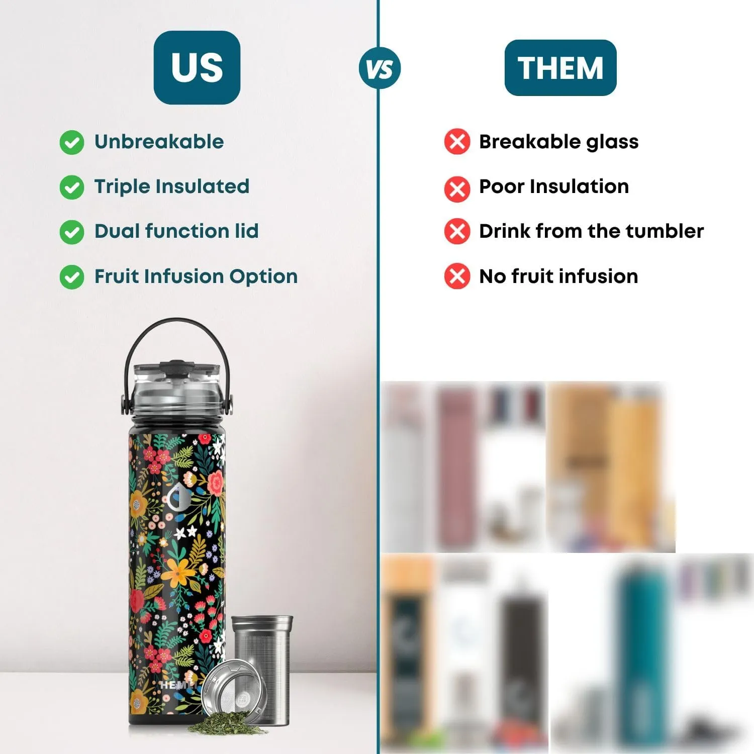 22 oz Insulated Tea Tumbler Bottle with Infuser, Travel Mug