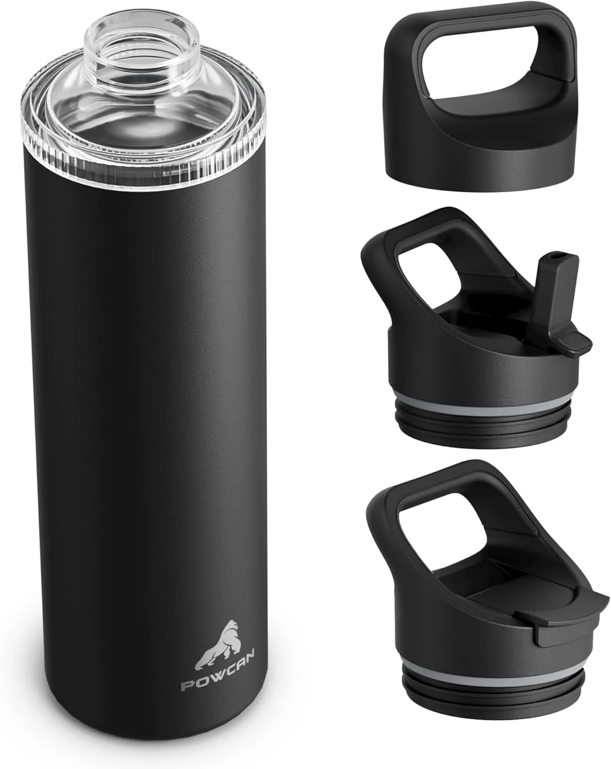 24 oz Insulated Water Bottle for Sports: 3 Lids, Leakproof, Keep Cold 24H, Car Cupholder Friendly, Stainless Steel Water Flask with Straw and Spout Caps for Gym, School, Work, Cycling (Midnight Black)