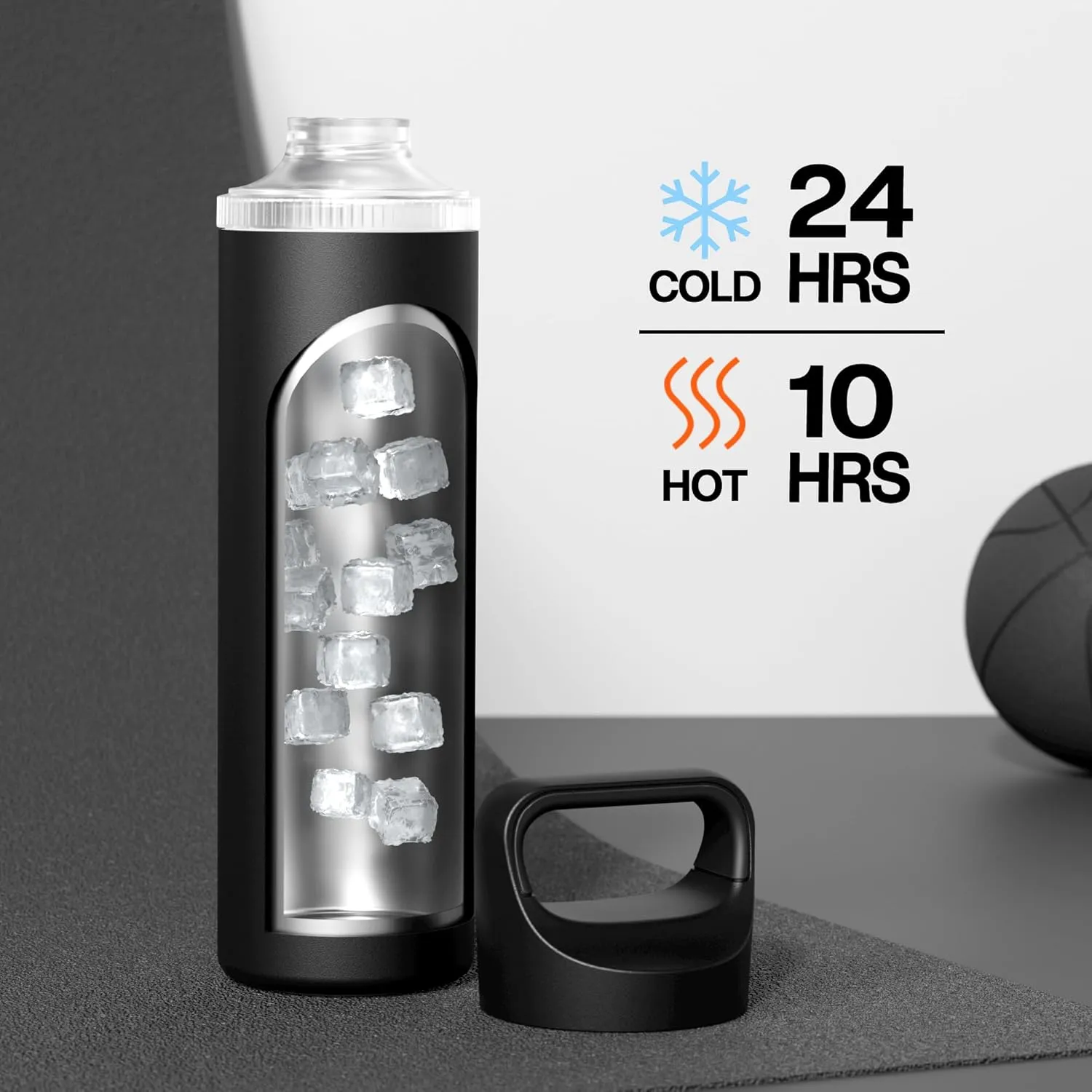 24 oz Insulated Water Bottle for Sports: 3 Lids, Leakproof, Keep Cold 24H, Car Cupholder Friendly, Stainless Steel Water Flask with Straw and Spout Caps for Gym, School, Work, Cycling (Midnight Black)