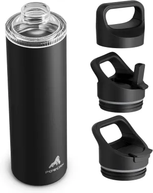 24 oz Insulated Water Bottle for Sports: 3 Lids, Leakproof, Keep Cold 24H, Car Cupholder Friendly, Stainless Steel Water Flask with Straw and Spout Caps for Gym, School, Work, Cycling (Midnight Black)