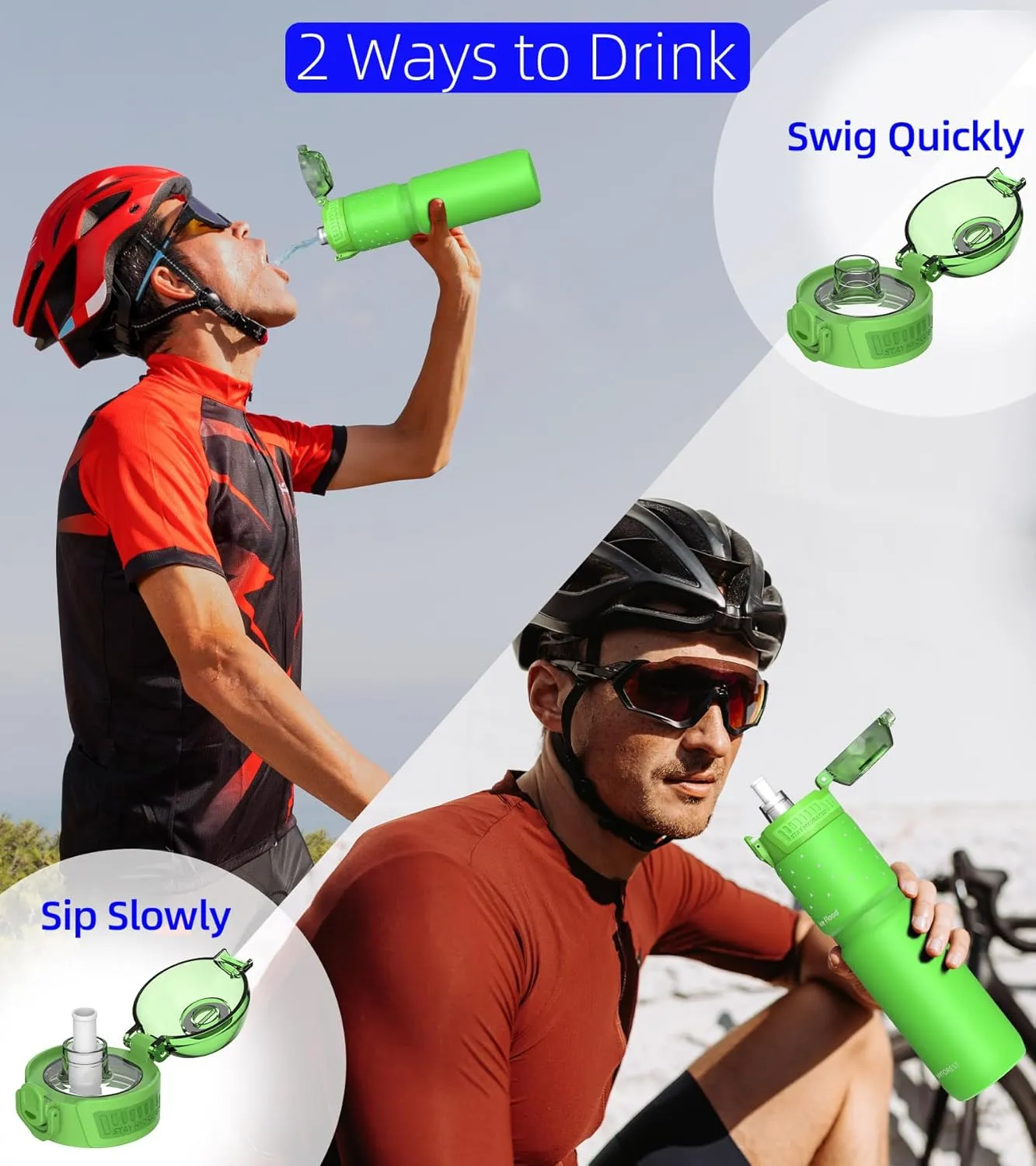 24oz/700ml Insulated Bike Water Bottle, Surgical Steel: No Plastic Taste, Stronger Grip for MTB & Gravel, Chug/Sip 2-in-1, Dirt Cap/Anti-Scratch (Lime Green)