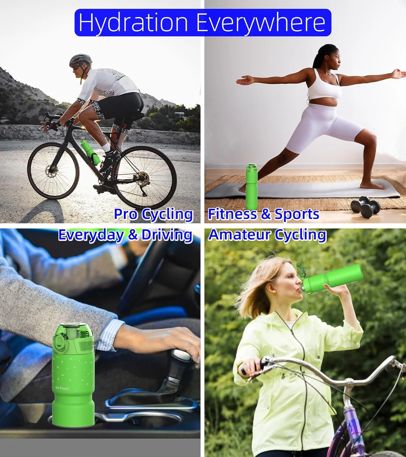 24oz/700ml Insulated Bike Water Bottle, Surgical Steel: No Plastic Taste, Stronger Grip for MTB & Gravel, Chug/Sip 2-in-1, Dirt Cap/Anti-Scratch (Lime Green)